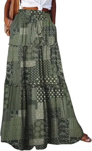 Maxi Skirts for Women Summer Floral Pleated Tiered Boho Flowy Elastic Waist Aline Spring Beach Vacation Long Skirt