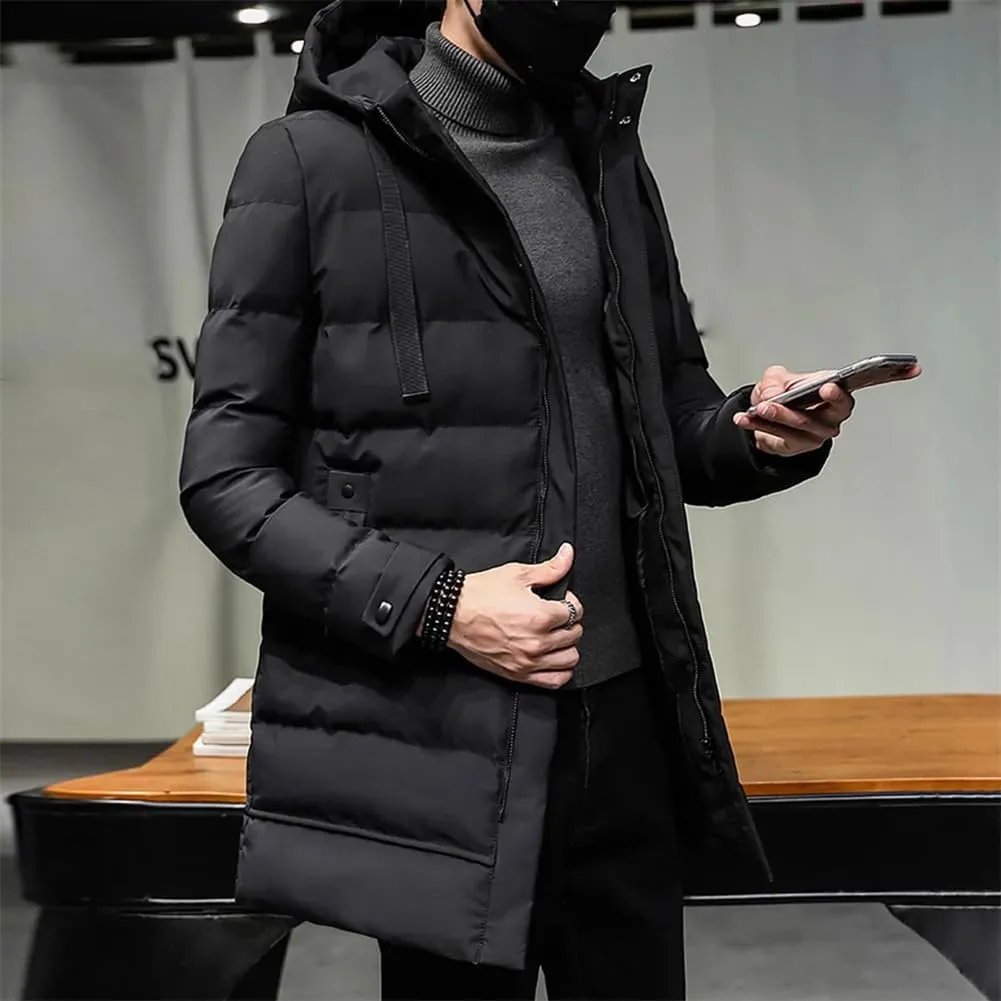 Men Casual Thick Warm Coat Outdoor Slim Solid Hooded Zip Long Down Cotton Padded Coats