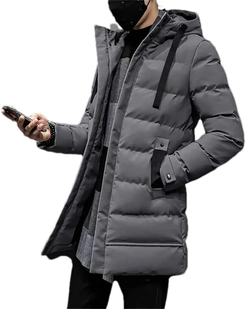 Men Casual Thick Warm Coat Outdoor Slim Solid Hooded Zip Long Down Cotton Padded Coats