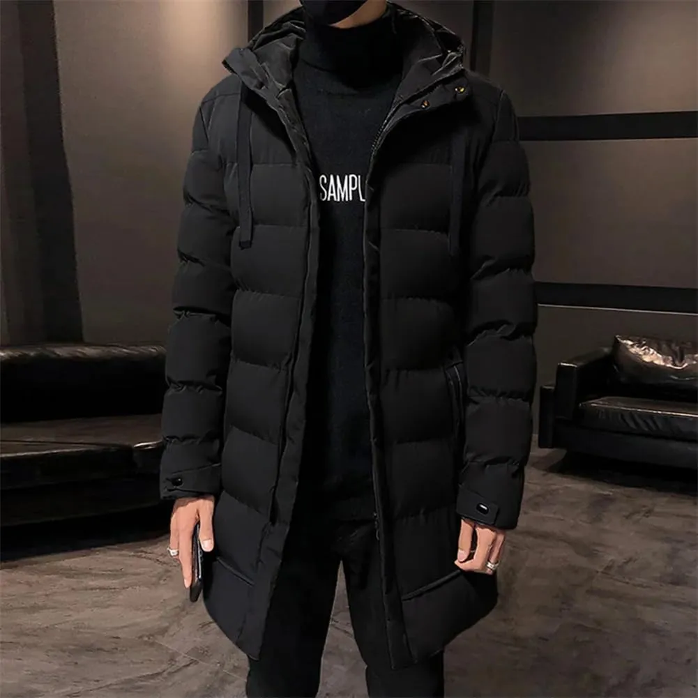 Men Casual Thick Warm Coat Outdoor Slim Solid Hooded Zip Long Down Cotton Padded Coats