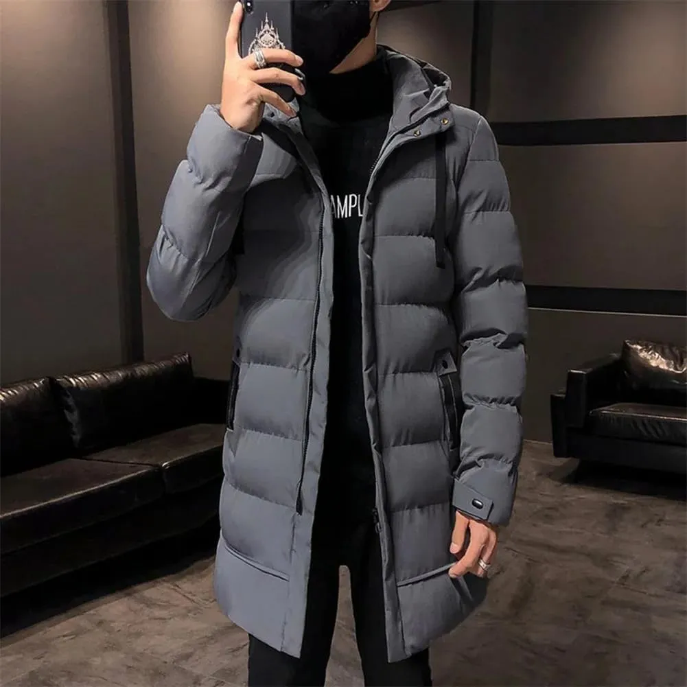 Men Casual Thick Warm Coat Outdoor Slim Solid Hooded Zip Long Down Cotton Padded Coats