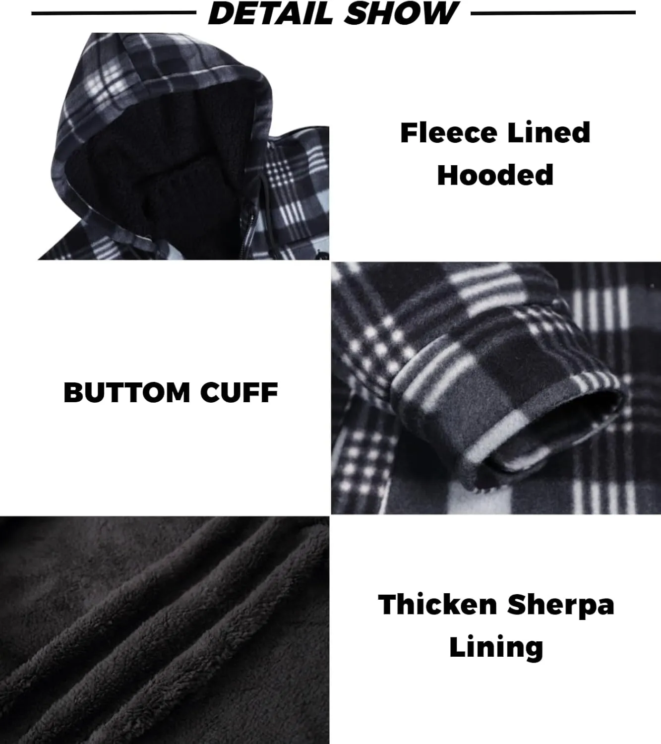 Mens Flannel Jackets Sherpa Lined Fleece Zip Up Winter Warm Workout Plaid Sweatshirt with Hood