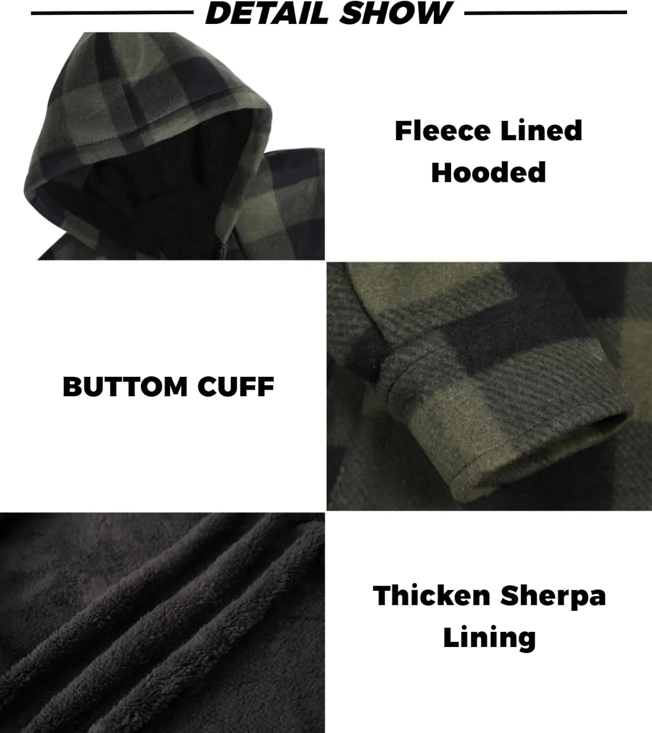 Mens Flannel Jackets Sherpa Lined Fleece Zip Up Winter Warm Workout Plaid Sweatshirt with Hood