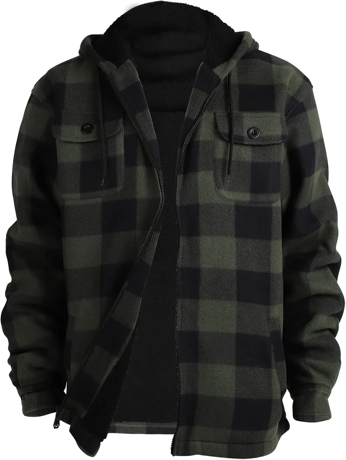 Mens Flannel Jackets Sherpa Lined Fleece Zip Up Winter Warm Workout Plaid Sweatshirt with Hood