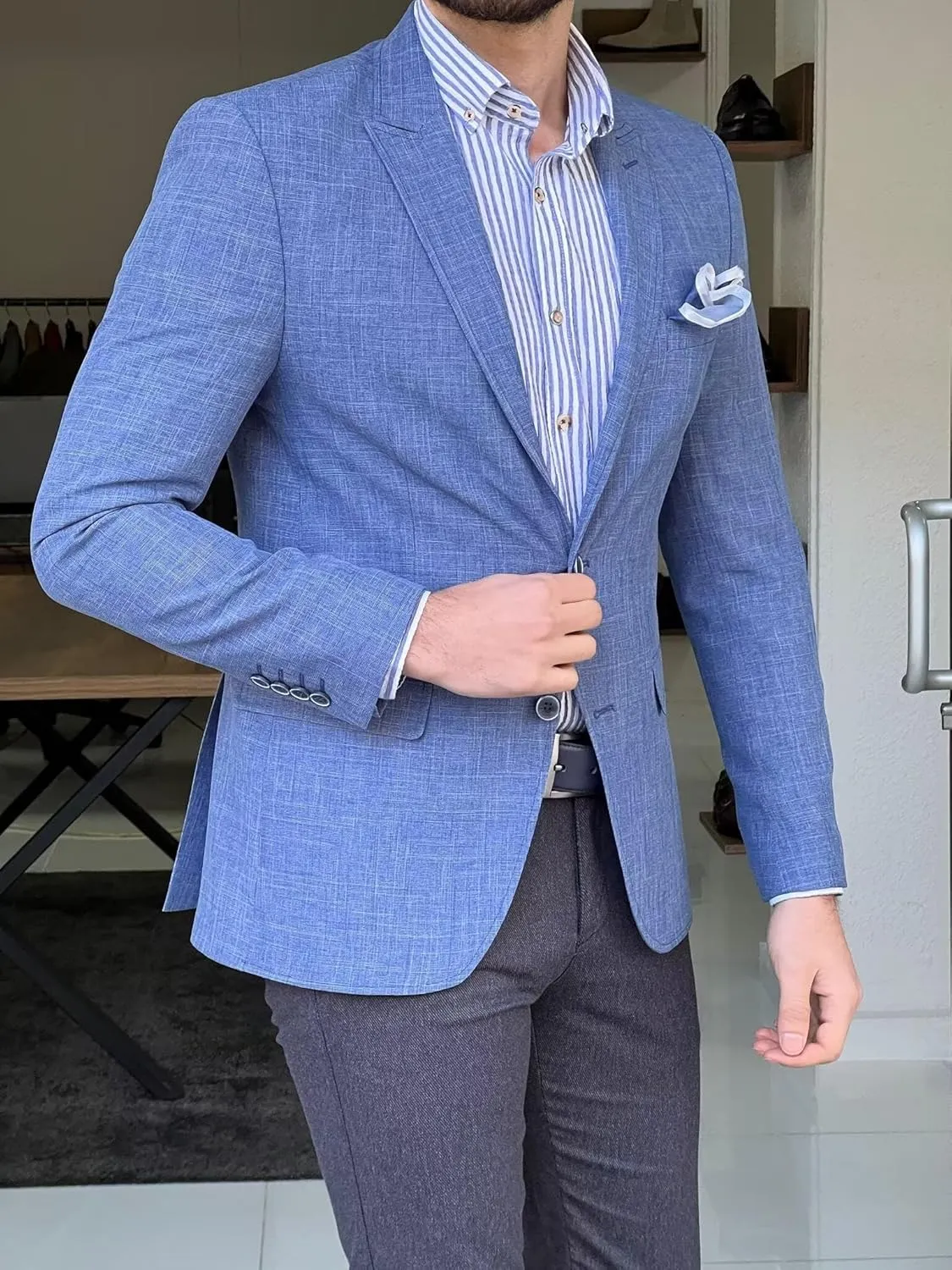 Mens Linen Suit Jackets Casual Two Button Slim Fit Blazers Suit Sport Coats for Wedding Prom Party