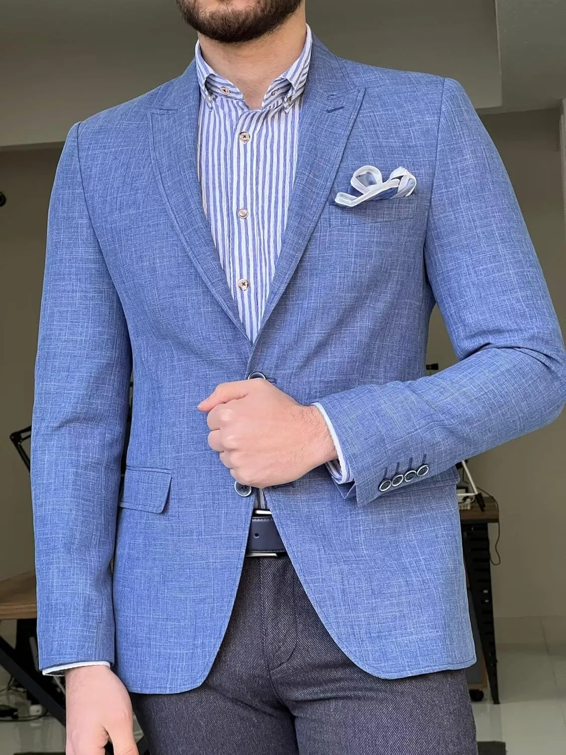 Mens Linen Suit Jackets Casual Two Button Slim Fit Blazers Suit Sport Coats for Wedding Prom Party