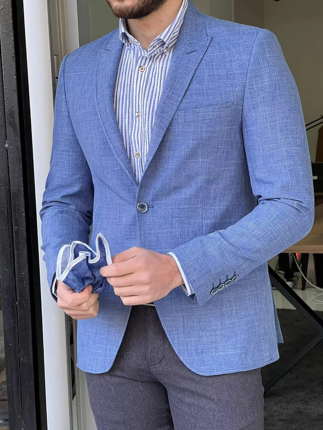 Mens Linen Suit Jackets Casual Two Button Slim Fit Blazers Suit Sport Coats for Wedding Prom Party