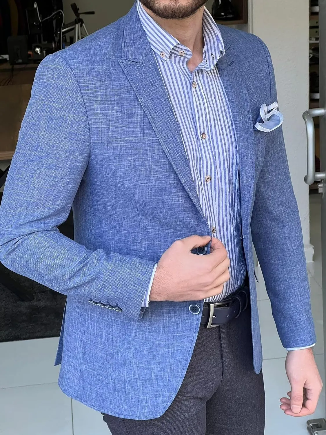 Mens Linen Suit Jackets Casual Two Button Slim Fit Blazers Suit Sport Coats for Wedding Prom Party