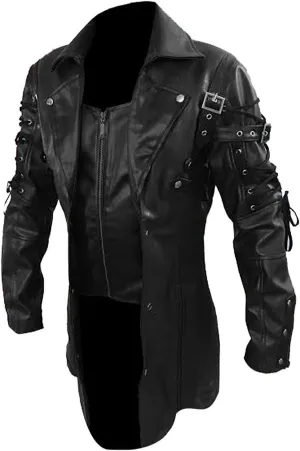 Mens Real Leather Sexy Steampunk Coat Goth Matrix Trench Coat Gothic Real Leather Coat