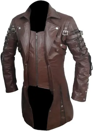 Mens Real Leather Sexy Steampunk Coat Goth Matrix Trench Coat Gothic Real Leather Coat