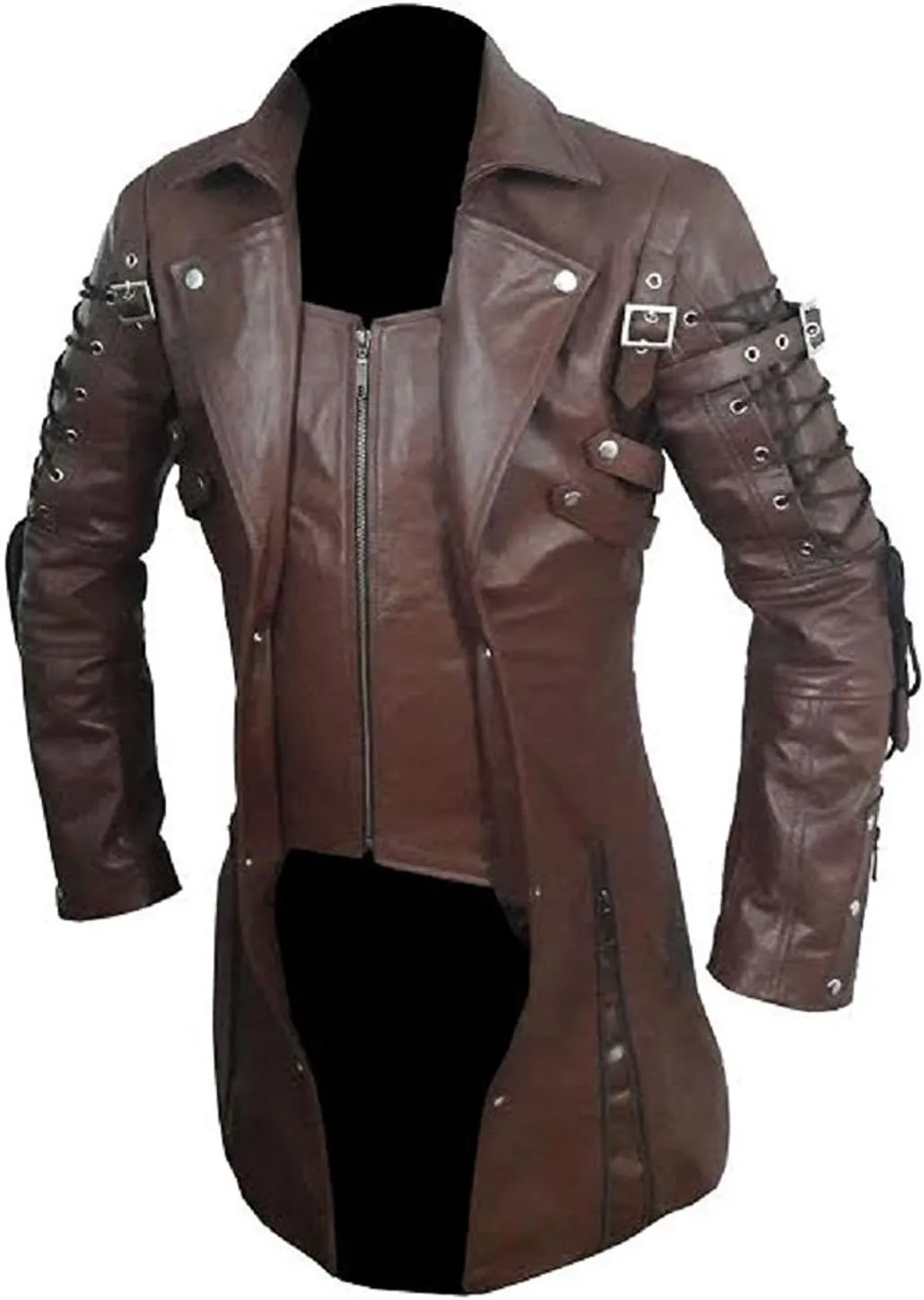 Mens Real Leather Sexy Steampunk Coat Goth Matrix Trench Coat Gothic Real Leather Coat