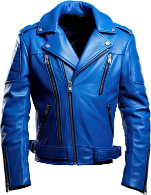 Mens Royal Blue Genuine Sheepskin Notch Lapel Collar Biker Rider Outfit Asymmetric Crossover Slim Fit Leather Jacket