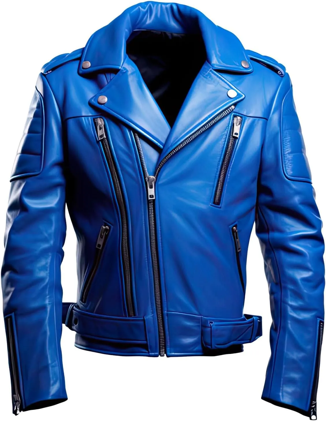 Mens Royal Blue Genuine Sheepskin Notch Lapel Collar Biker Rider Outfit Asymmetric Crossover Slim Fit Leather Jacket
