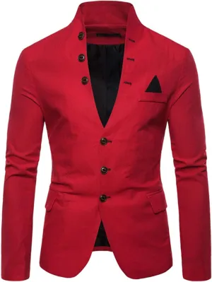 Mens Slim Fit Blazer Jacket Button Stand Collar Solid Suit Coats Casual Business Dress Blazer Coat