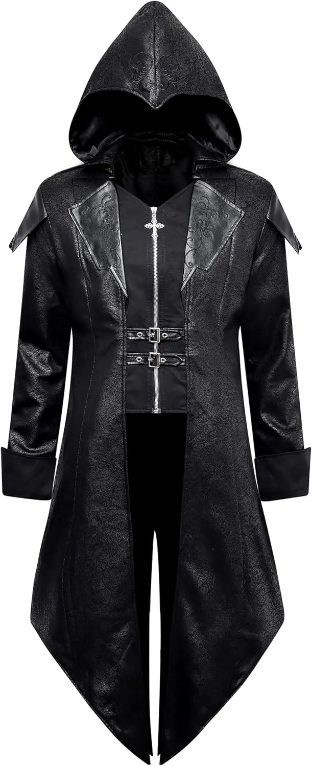 Men's Steampunk PU Leather Jacket with Hood - Gothic Victorian Vampire Coat Medieval Adjustable Tailcoat Gear