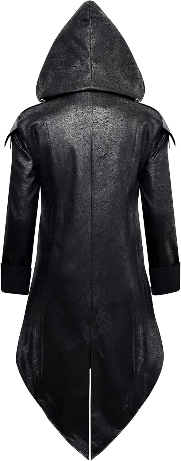 Men's Steampunk PU Leather Jacket with Hood - Gothic Victorian Vampire Coat Medieval Adjustable Tailcoat Gear