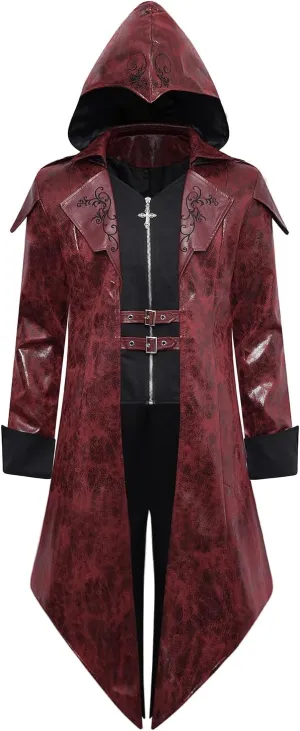 Men's Steampunk PU Leather Jacket with Hood - Gothic Victorian Vampire Coat Medieval Adjustable Tailcoat Gear