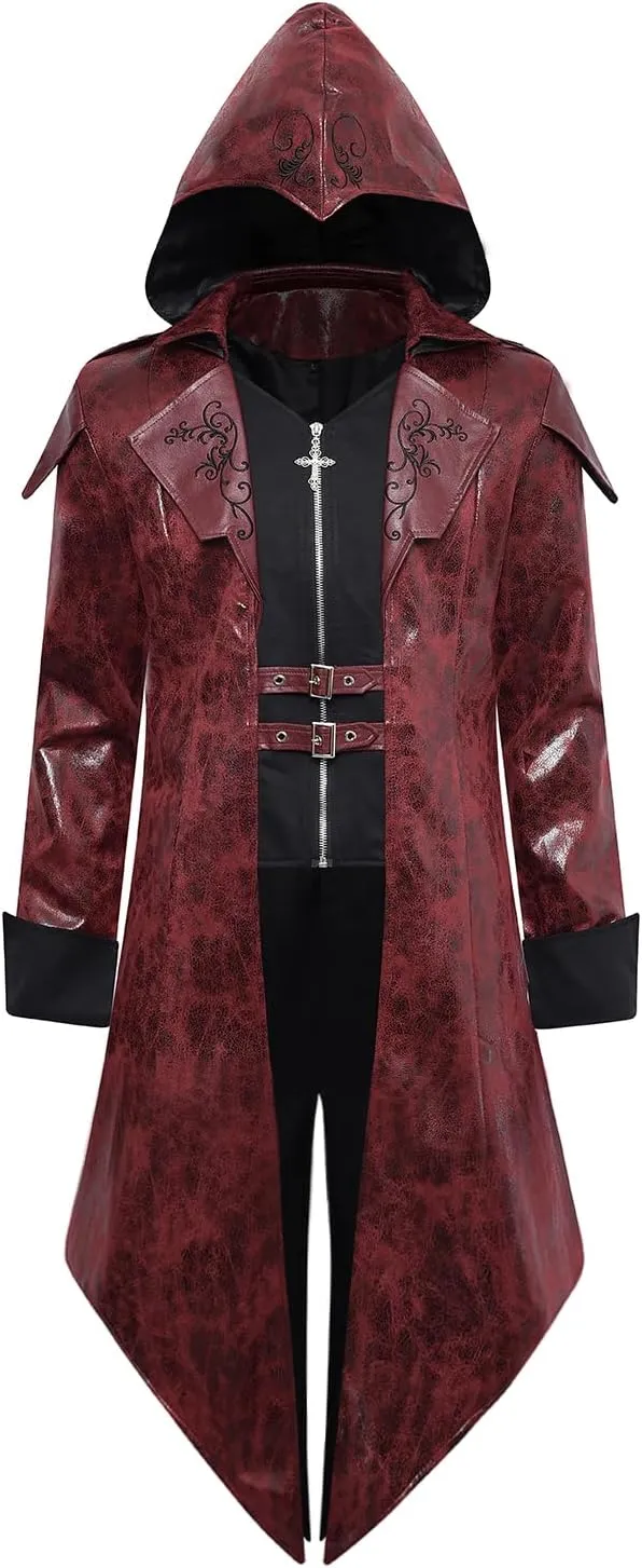 Men's Steampunk PU Leather Jacket with Hood - Gothic Victorian Vampire Coat Medieval Adjustable Tailcoat Gear