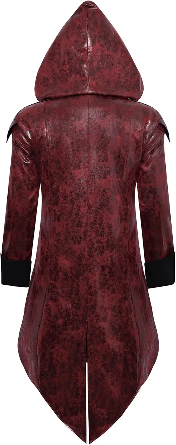 Men's Steampunk PU Leather Jacket with Hood - Gothic Victorian Vampire Coat Medieval Adjustable Tailcoat Gear