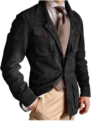 Mens Suede Leather Blazer 3 Button Coats Slim Fit Suit Jacket for Wedding Prom
