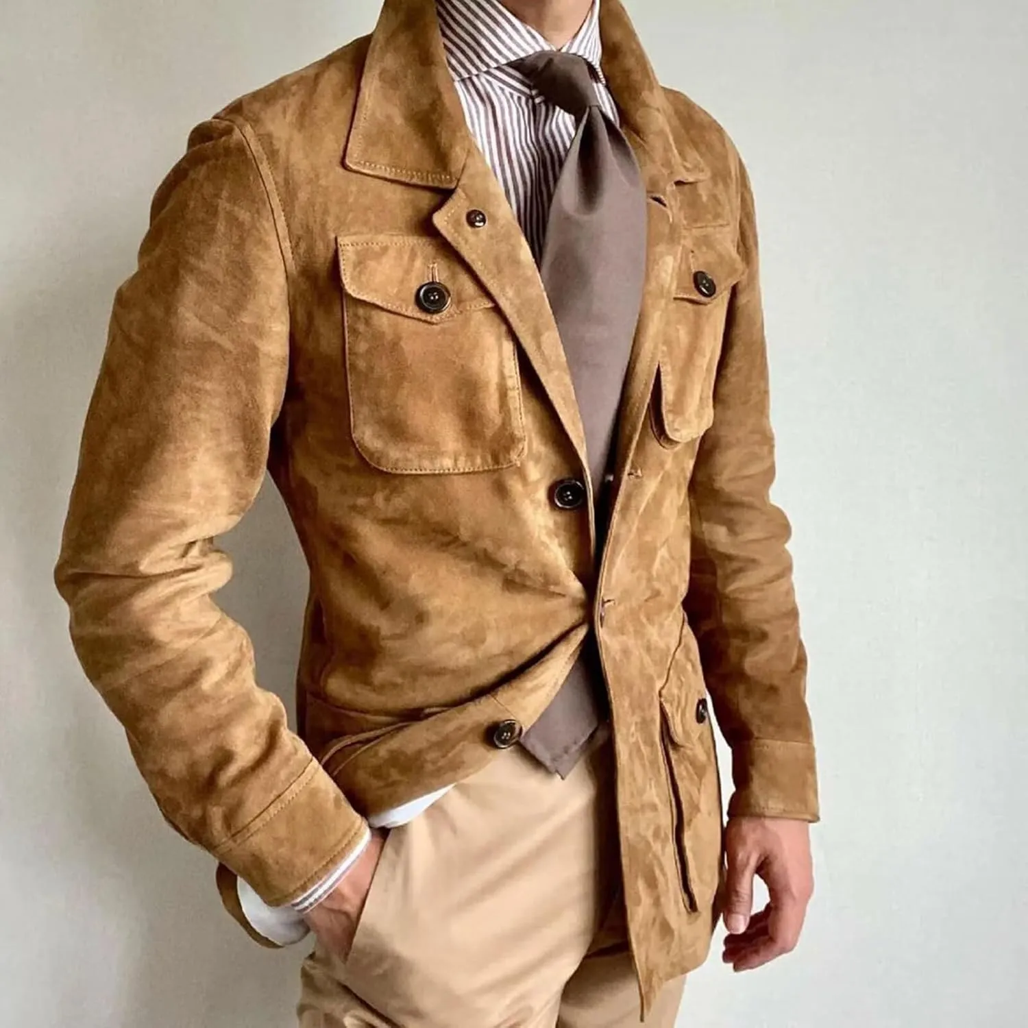 Mens Suede Leather Blazer 3 Button Coats Slim Fit Suit Jacket for Wedding Prom