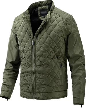 Men's Thin Casual Cotton Jacket Male Diamond Quilted Bike Outwear Men Stand Collar Zip Warm Padded Coats