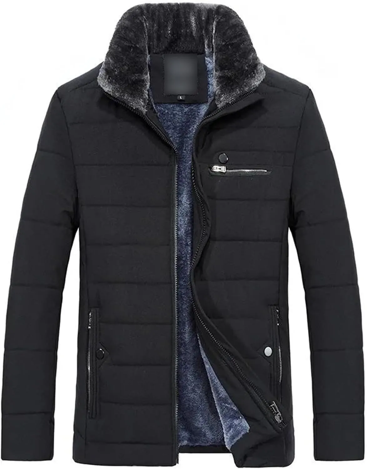 Men's Warm Fleece Jacket Winter Coats Fur Collar Windbreaker Cotton Padded Thick Black Coat Male Casual Jackets
