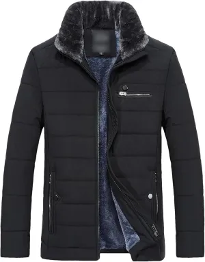 Men's Warm Fleece Jacket Winter Coats Fur Collar Windbreaker Cotton Padded Thick Black Coat Male Casual Jackets