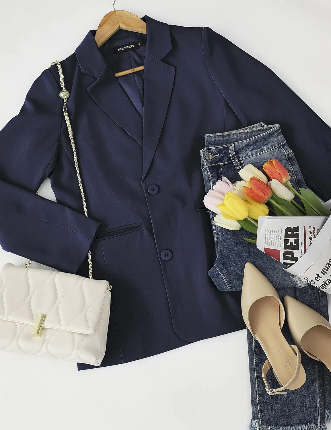 MEROKEETY Women's 2024 Fall Casual Blazers Long Sleeve Lapel Open Front Button Work Blazer Jackets with Pockets