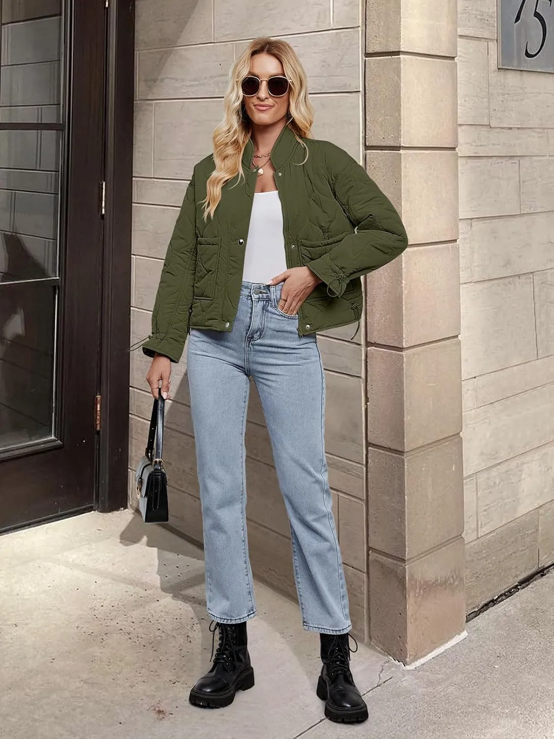 MEROKEETY Women's Cropped Zip-Up Bomber Jackets Warm Quilted Long Sleeve Stand Neck Winter Coats