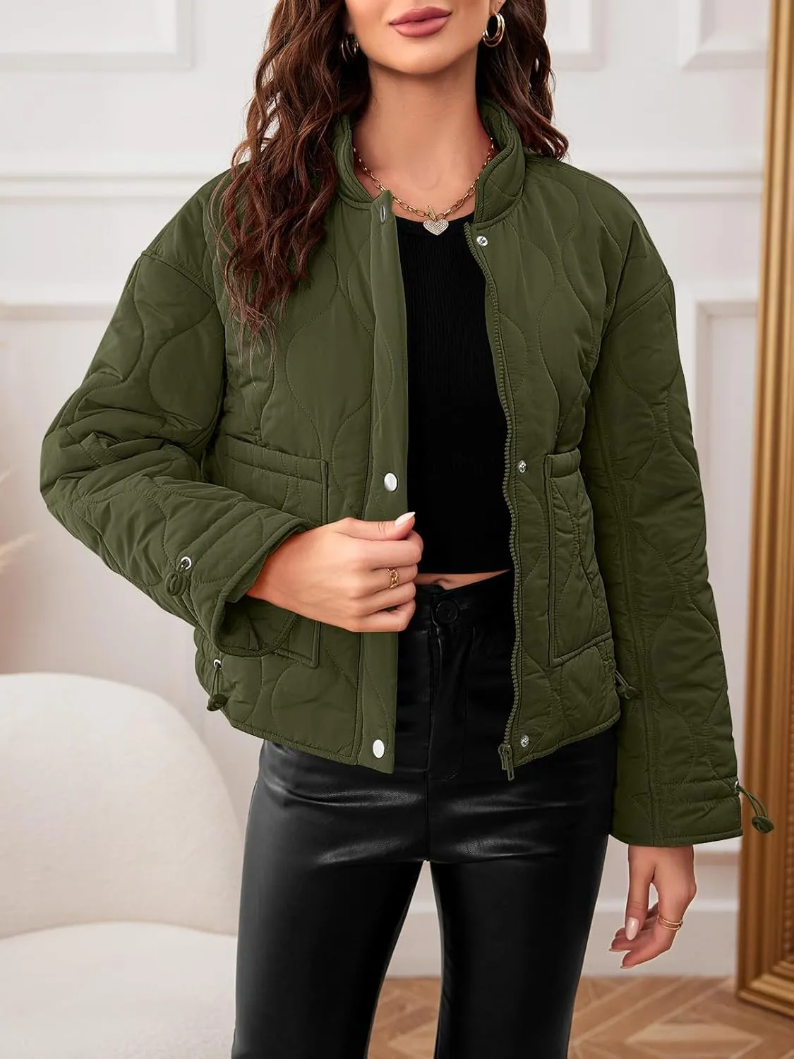 MEROKEETY Women's Cropped Zip-Up Bomber Jackets Warm Quilted Long Sleeve Stand Neck Winter Coats