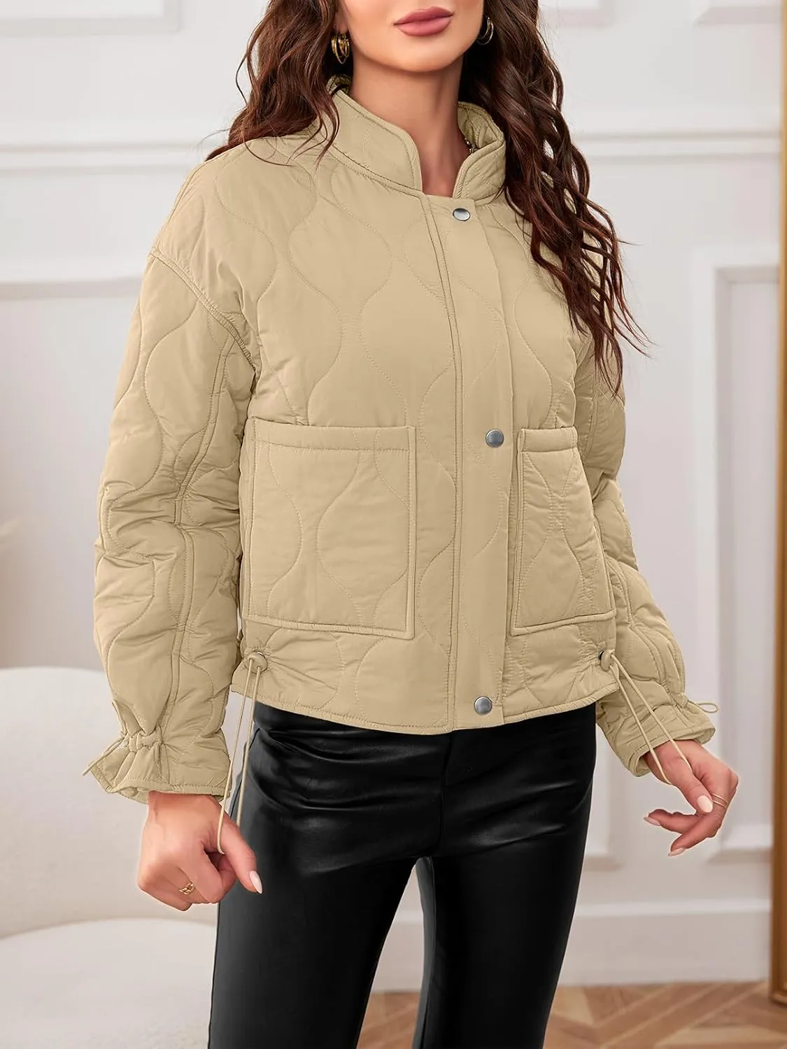 MEROKEETY Women's Cropped Zip-Up Bomber Jackets Warm Quilted Long Sleeve Stand Neck Winter Coats
