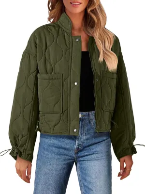 MEROKEETY Women's Cropped Zip-Up Bomber Jackets Warm Quilted Long Sleeve Stand Neck Winter Coats