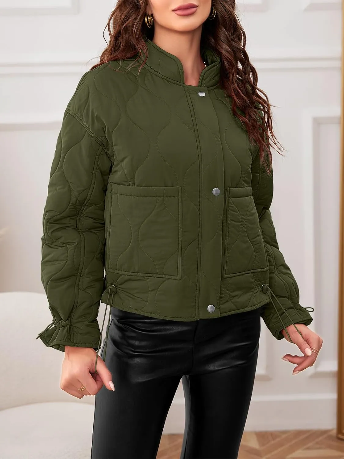 MEROKEETY Women's Cropped Zip-Up Bomber Jackets Warm Quilted Long Sleeve Stand Neck Winter Coats