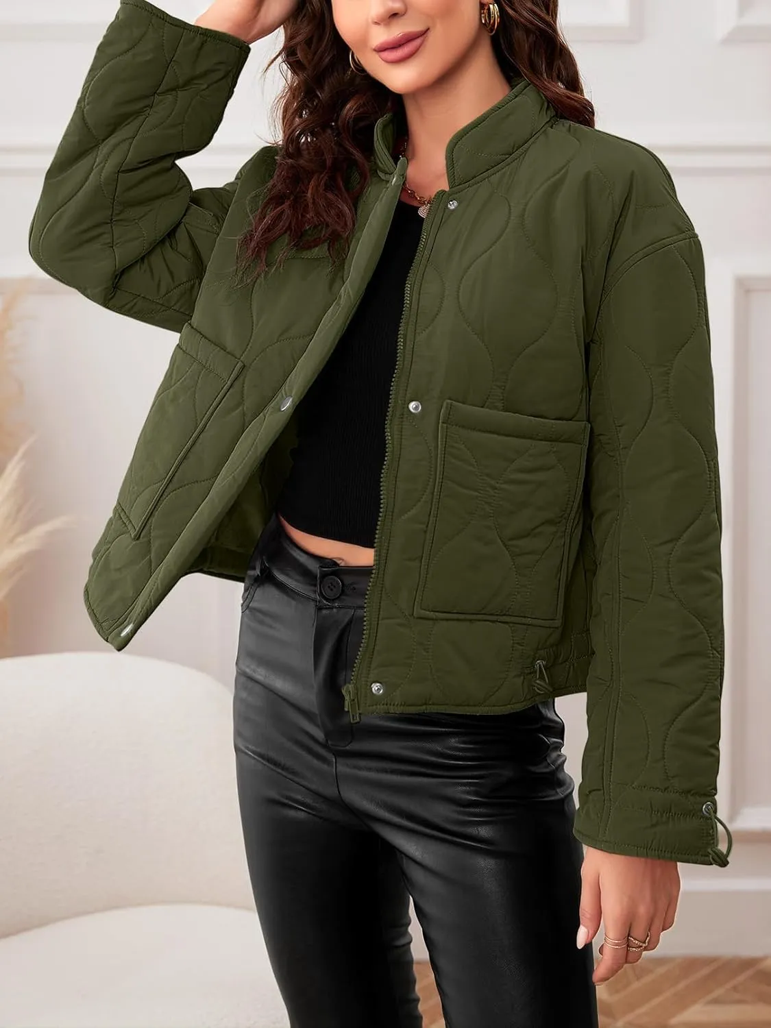 MEROKEETY Women's Cropped Zip-Up Bomber Jackets Warm Quilted Long Sleeve Stand Neck Winter Coats