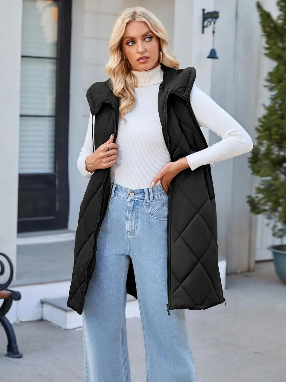 MEROKEETY Womens Sleeveless Quilted Long Puffer Vest Hooded Full Zip Jacket Coats with Pockets