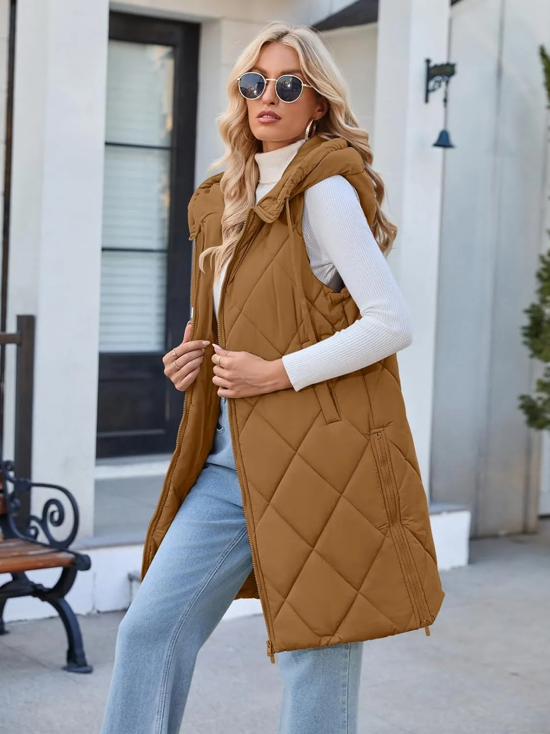 MEROKEETY Womens Sleeveless Quilted Long Puffer Vest Hooded Full Zip Jacket Coats with Pockets