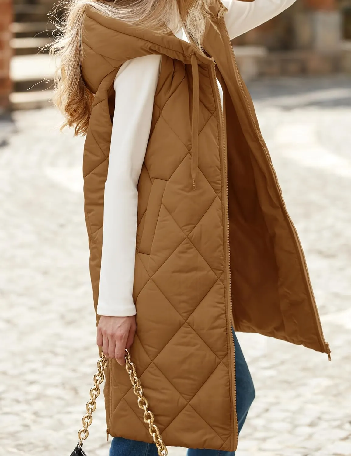 MEROKEETY Womens Sleeveless Quilted Long Puffer Vest Hooded Full Zip Jacket Coats with Pockets