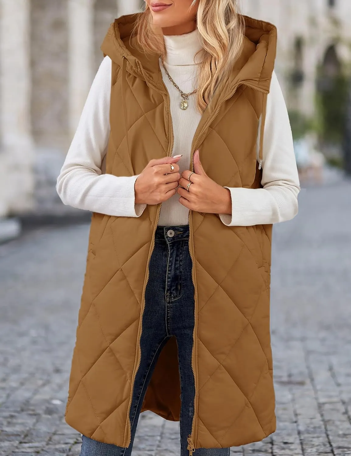 MEROKEETY Womens Sleeveless Quilted Long Puffer Vest Hooded Full Zip Jacket Coats with Pockets