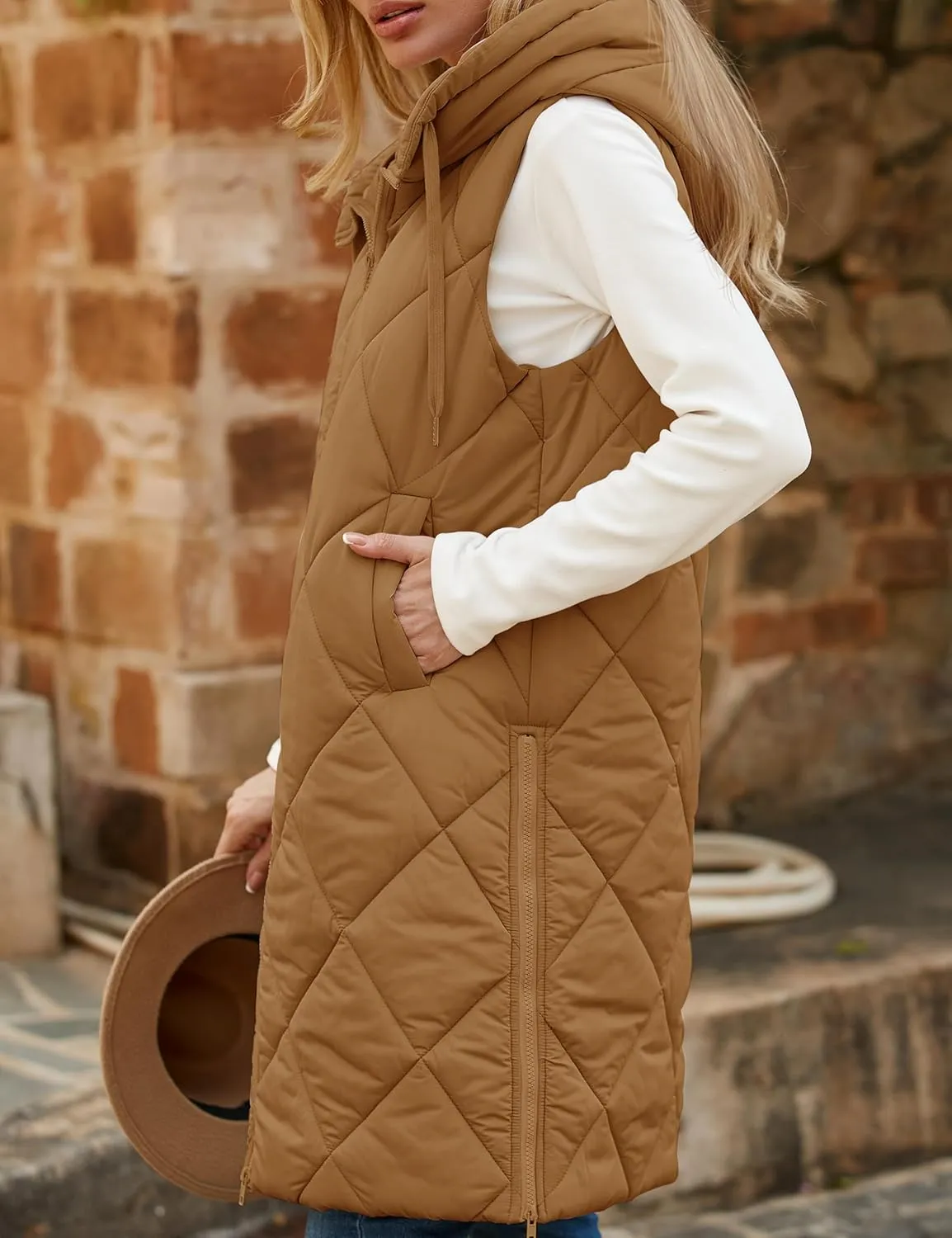 MEROKEETY Womens Sleeveless Quilted Long Puffer Vest Hooded Full Zip Jacket Coats with Pockets
