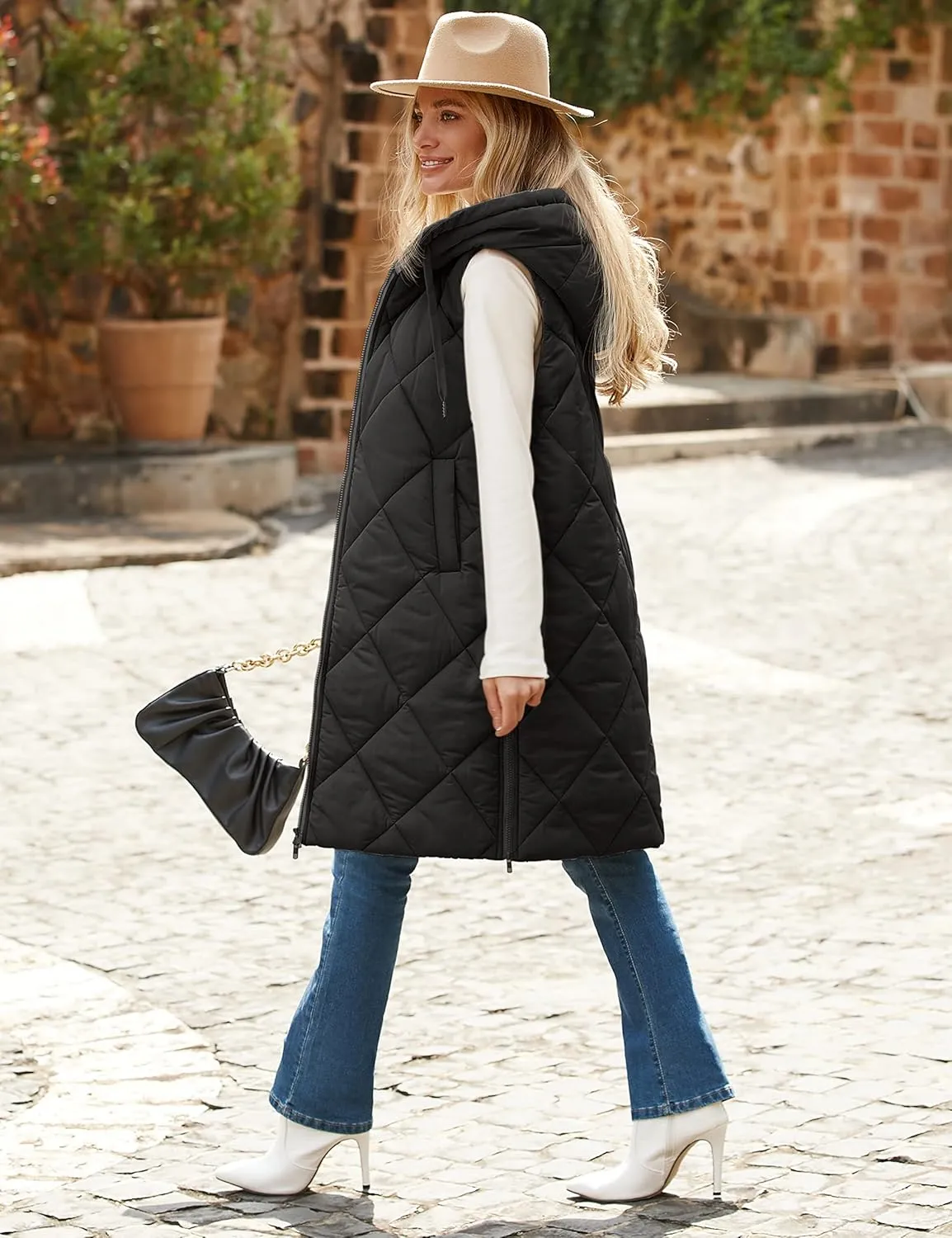 MEROKEETY Womens Sleeveless Quilted Long Puffer Vest Hooded Full Zip Jacket Coats with Pockets