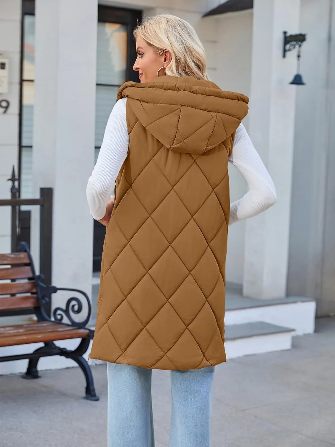 MEROKEETY Womens Sleeveless Quilted Long Puffer Vest Hooded Full Zip Jacket Coats with Pockets