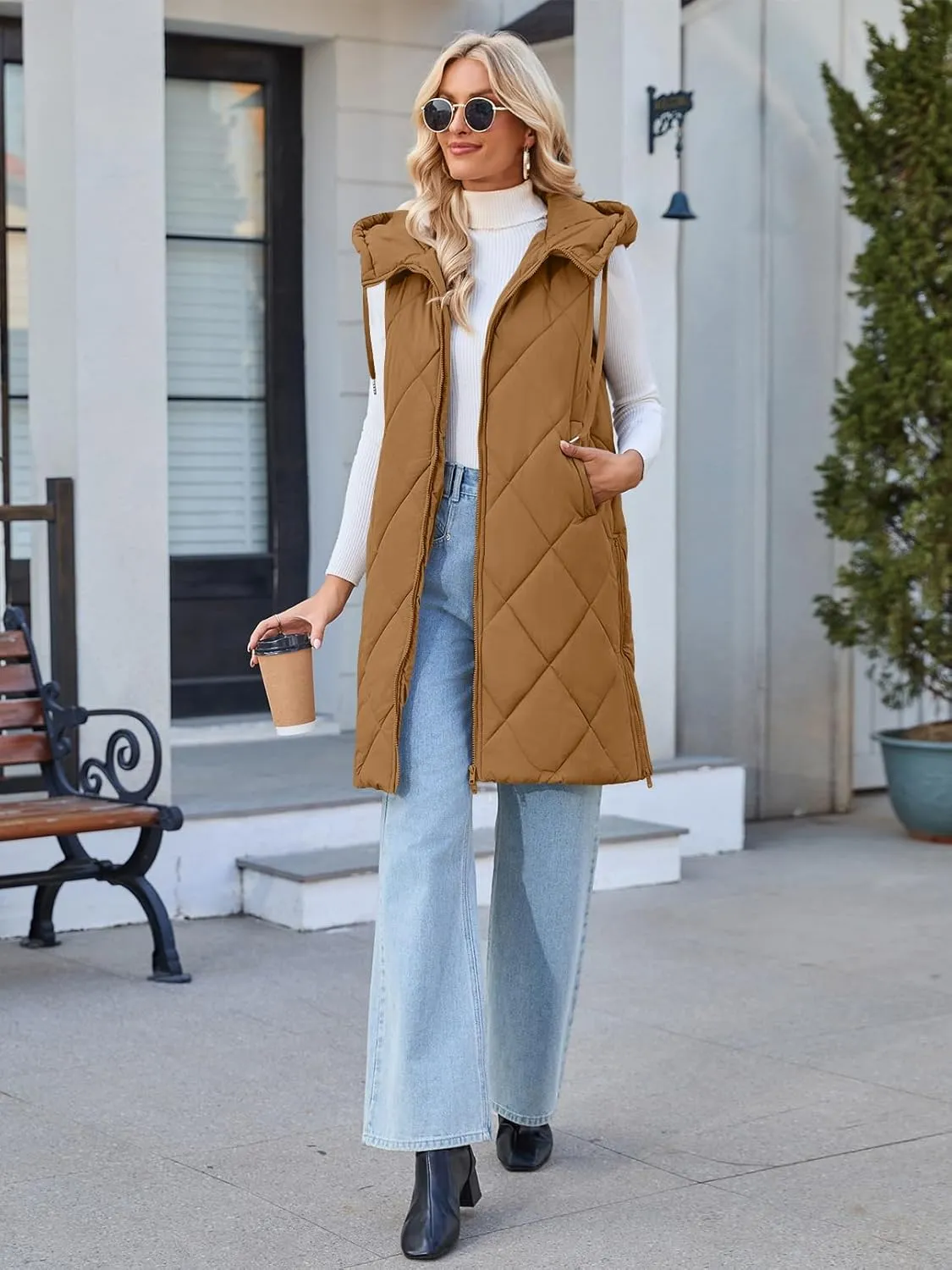 MEROKEETY Womens Sleeveless Quilted Long Puffer Vest Hooded Full Zip Jacket Coats with Pockets