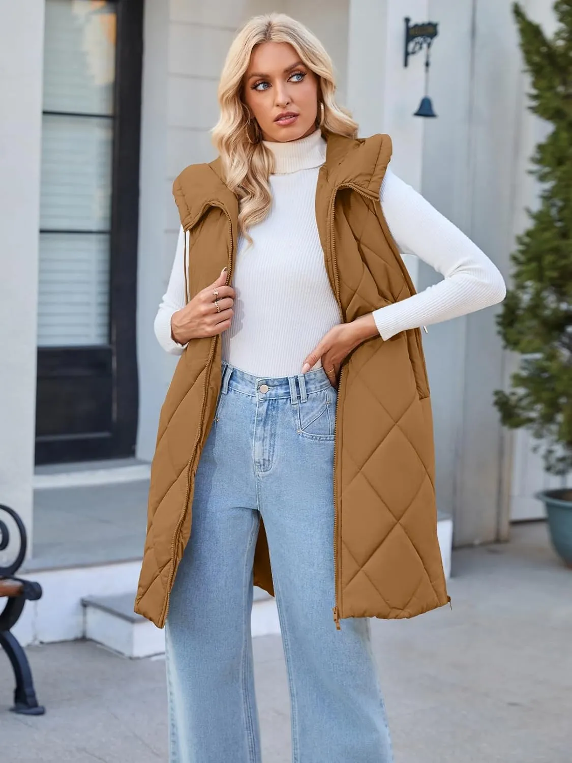 MEROKEETY Womens Sleeveless Quilted Long Puffer Vest Hooded Full Zip Jacket Coats with Pockets