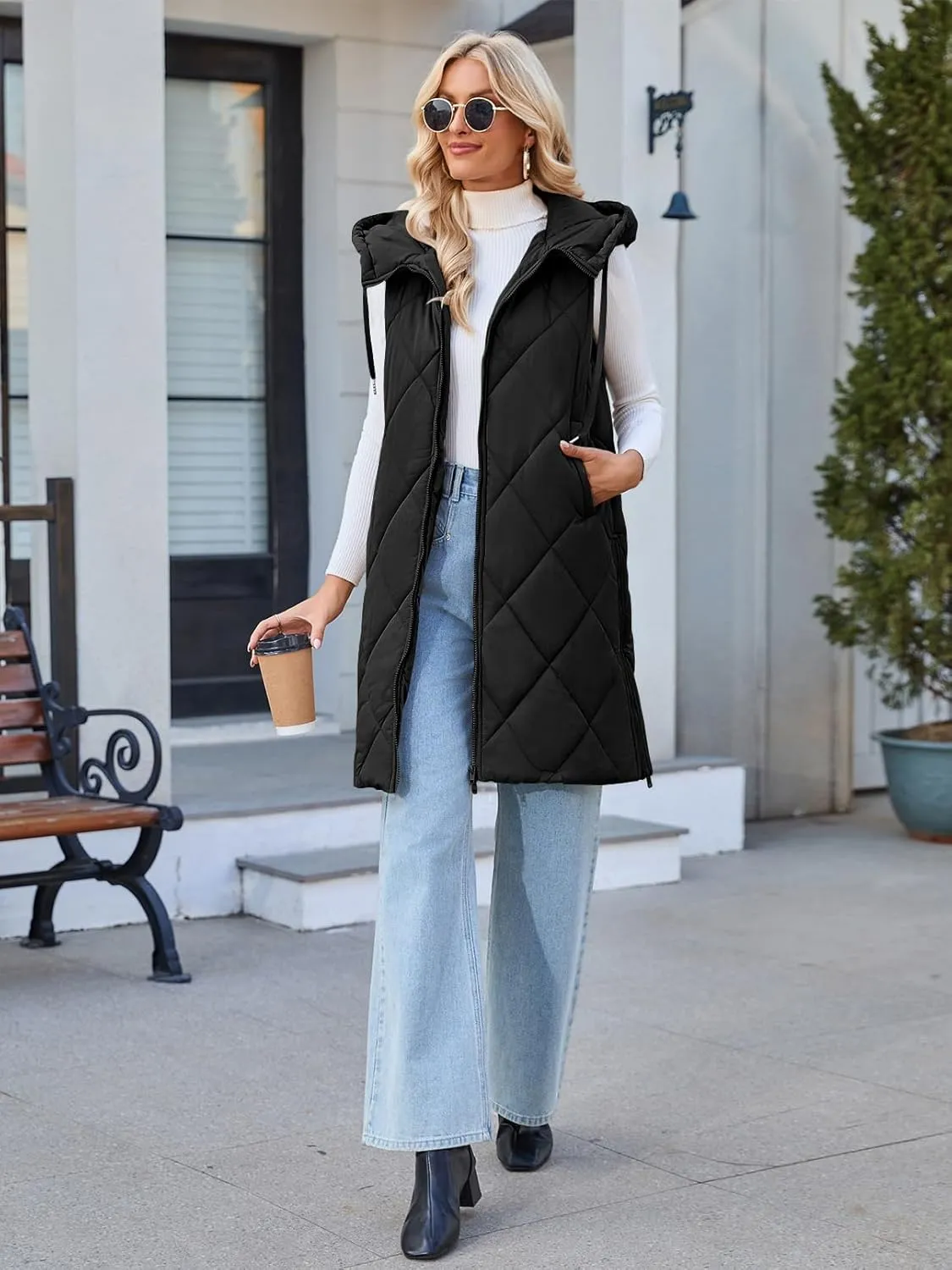MEROKEETY Womens Sleeveless Quilted Long Puffer Vest Hooded Full Zip Jacket Coats with Pockets