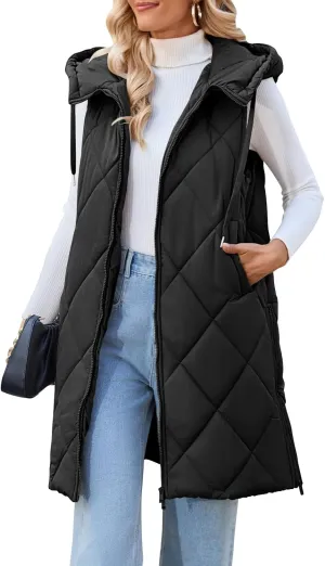 MEROKEETY Womens Sleeveless Quilted Long Puffer Vest Hooded Full Zip Jacket Coats with Pockets