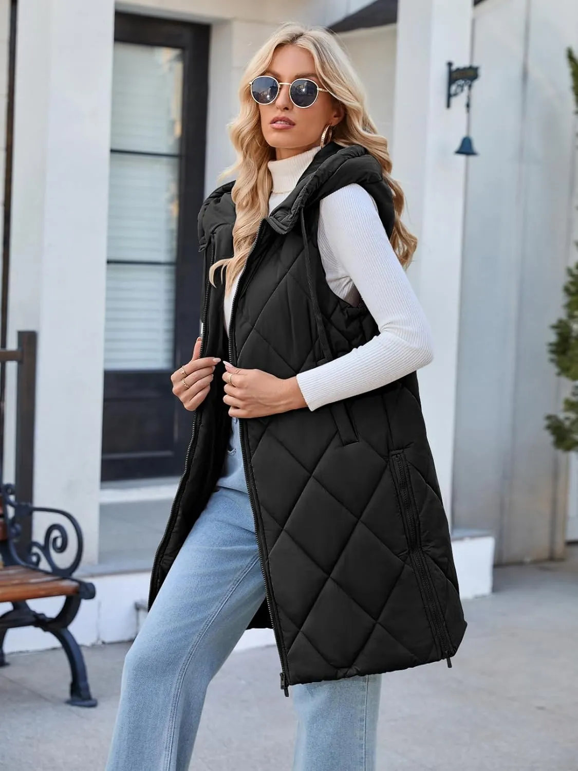 MEROKEETY Womens Sleeveless Quilted Long Puffer Vest Hooded Full Zip Jacket Coats with Pockets