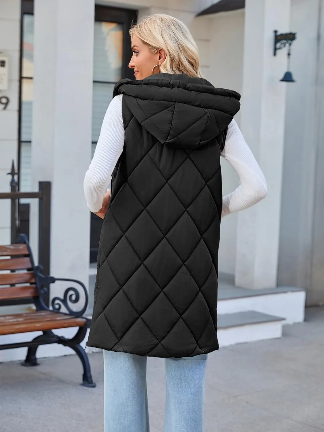 MEROKEETY Womens Sleeveless Quilted Long Puffer Vest Hooded Full Zip Jacket Coats with Pockets