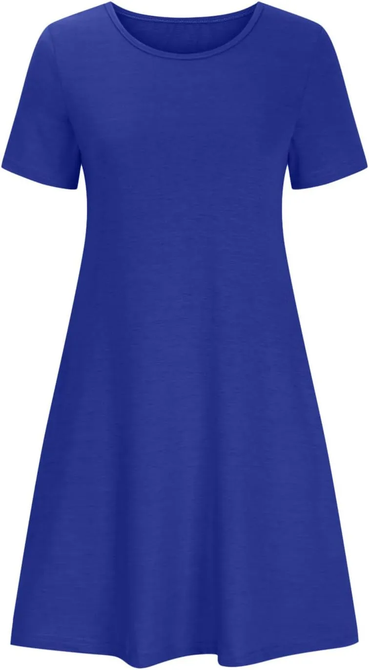 Midi Dresses for Women 2025 Casual Short Sleeve Dress Crew Neck Loose Dresses Flowy Swing Tunic Dress with Pockets