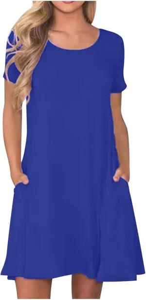 Midi Dresses for Women 2025 Casual Short Sleeve Dress Crew Neck Loose Dresses Flowy Swing Tunic Dress with Pockets